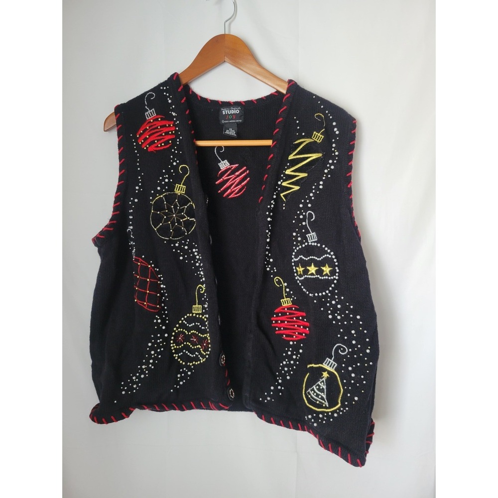 Studio Joy Women's 2X Ugly Christmas Sweater Vest Black Embroidered Beaded